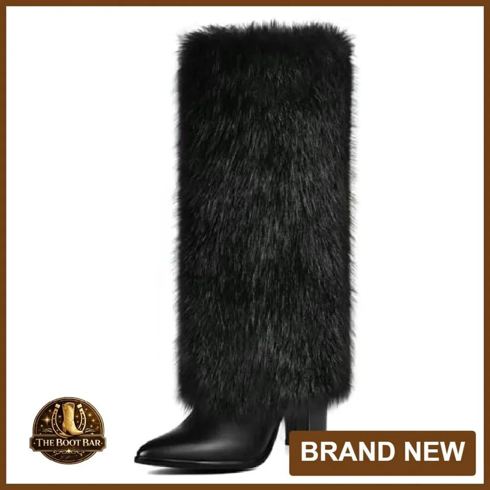 3.3-Inch Chunky Heel Knee High Faux Fur Boots Wide Calf Side Zipper - Picture 2 of 8